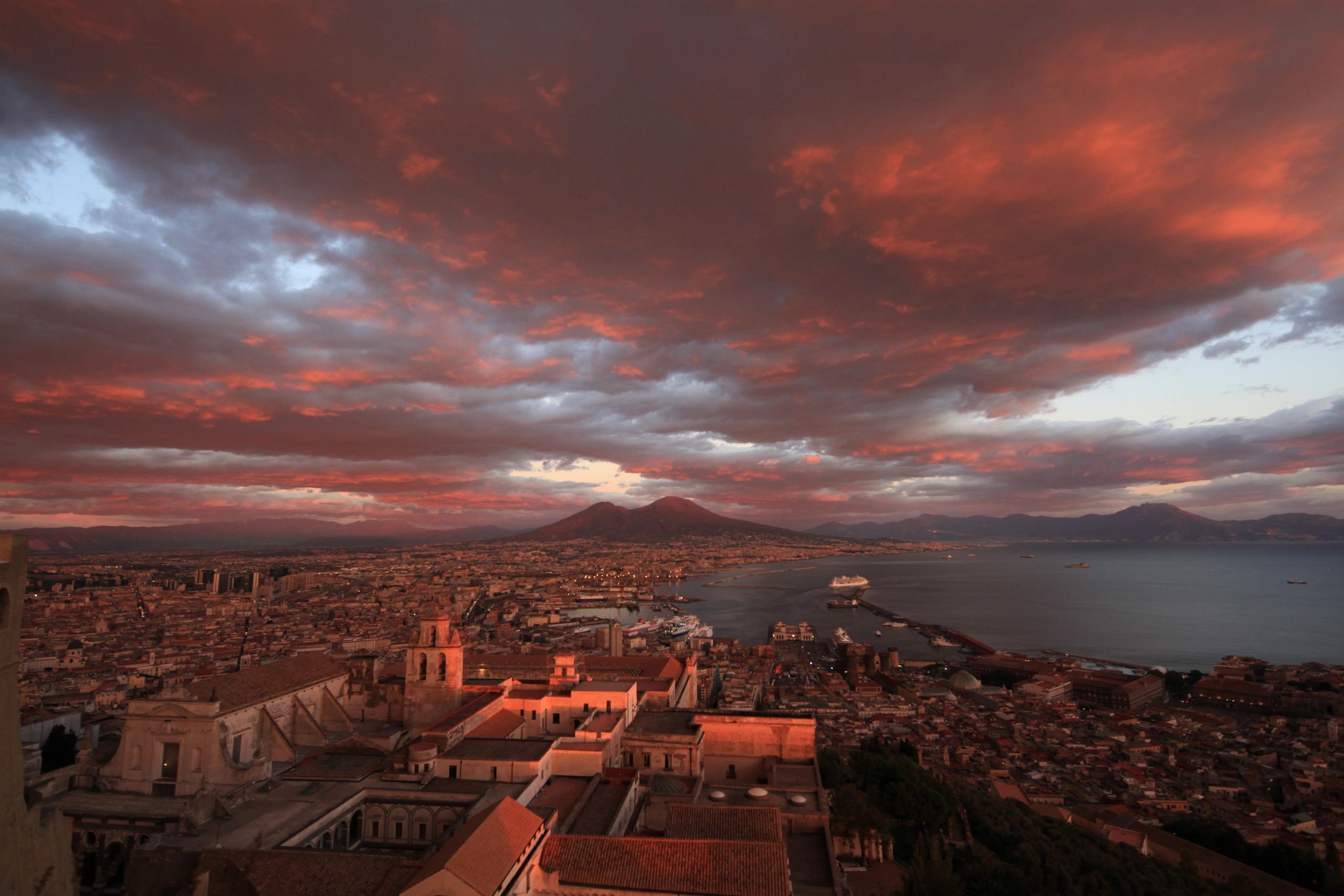 Naples skyline with Mount Vesuvius at sunset